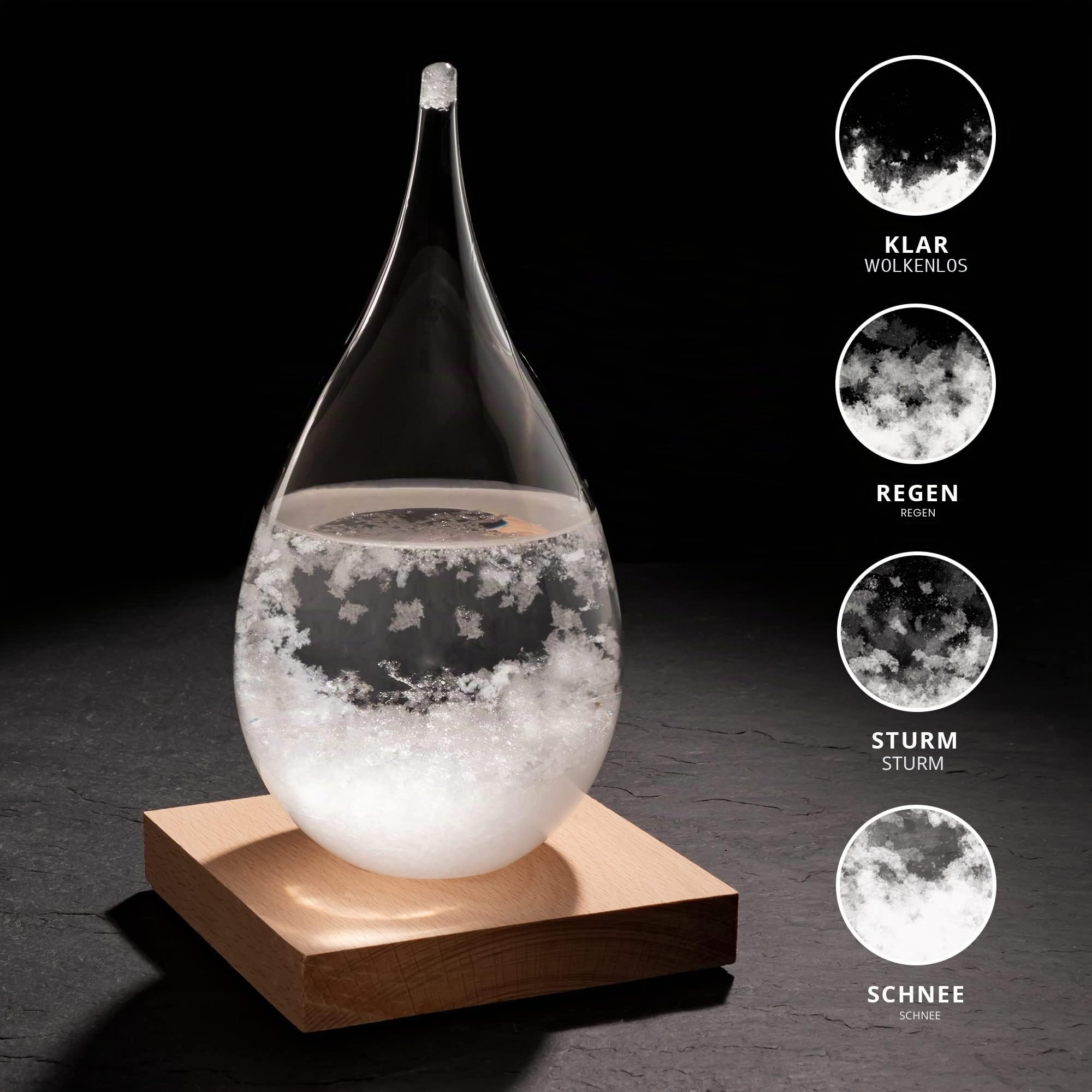 Wetterstation in Tropfenform: Sturmglas zur Wettervorhersage, Wetterglas mit Wasser Kristallen, Innen Barometer zur Wetterprognose, Weather Station aus Glas, Glastropfen mit Holzsockel