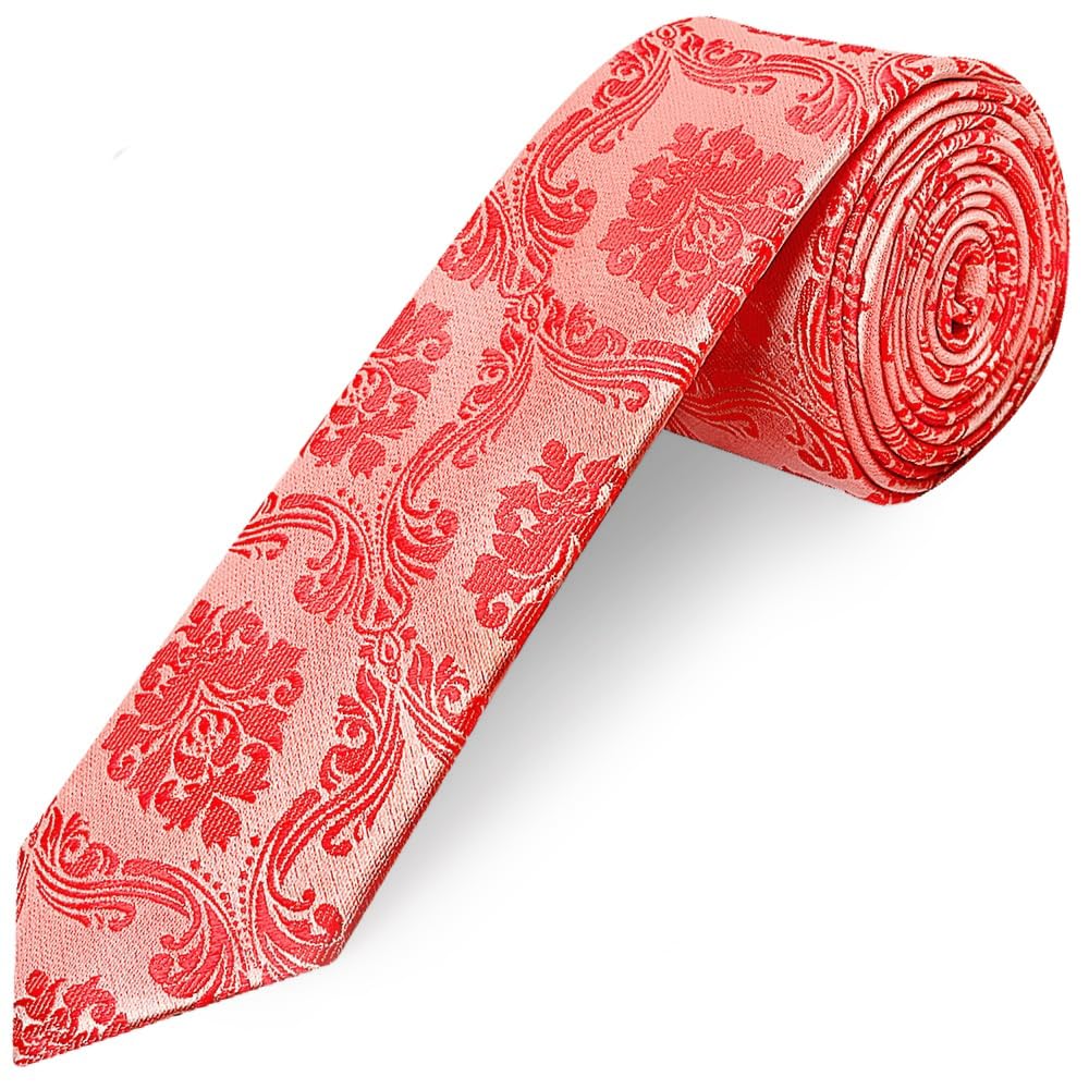 Ties R Us Men's Pink & Coral Coral Pink Paisley Skinny Tie