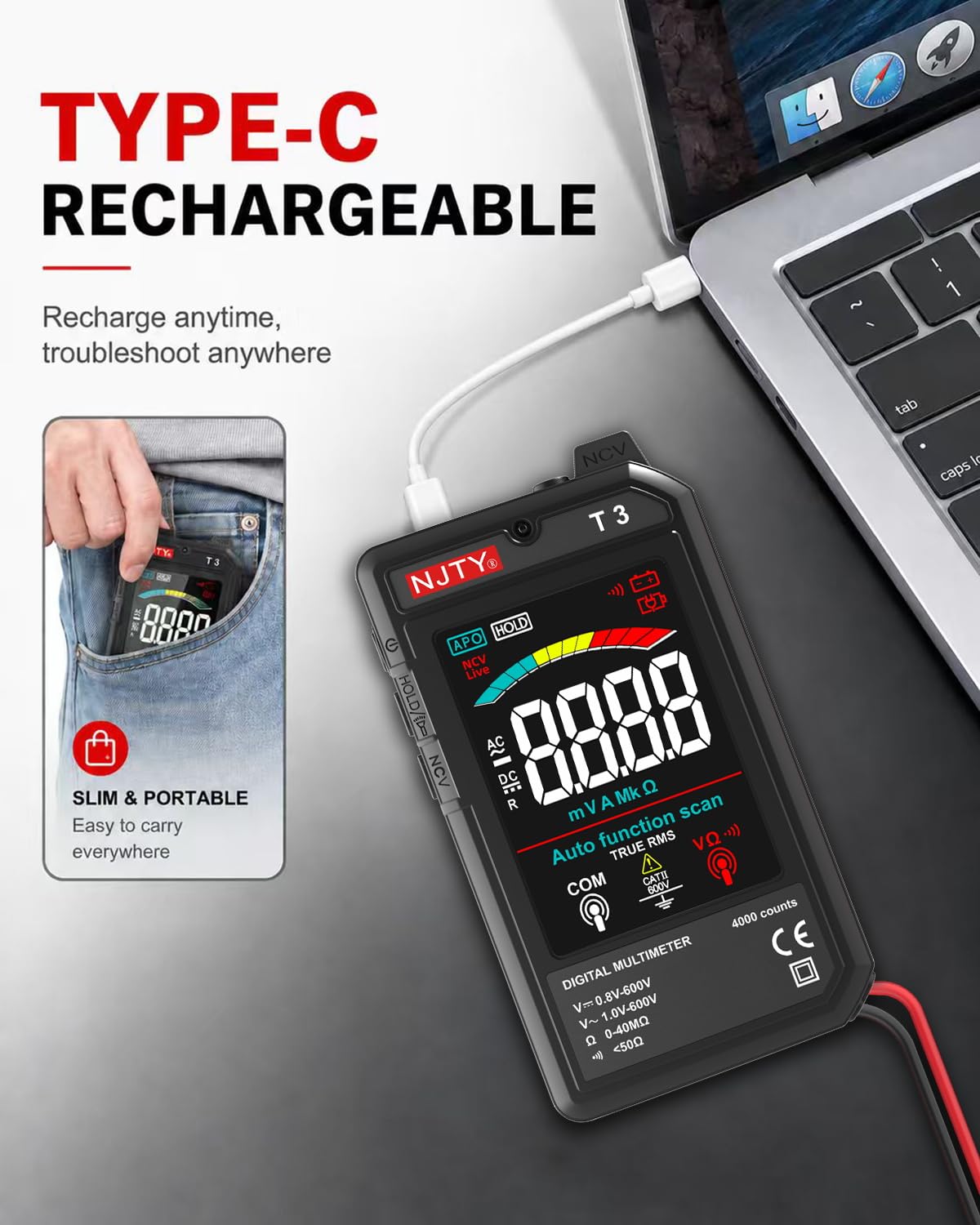 NJTY T3 Auto-Ranging Digital Multimeter, Type-C Rechargeable — Amazon image 3