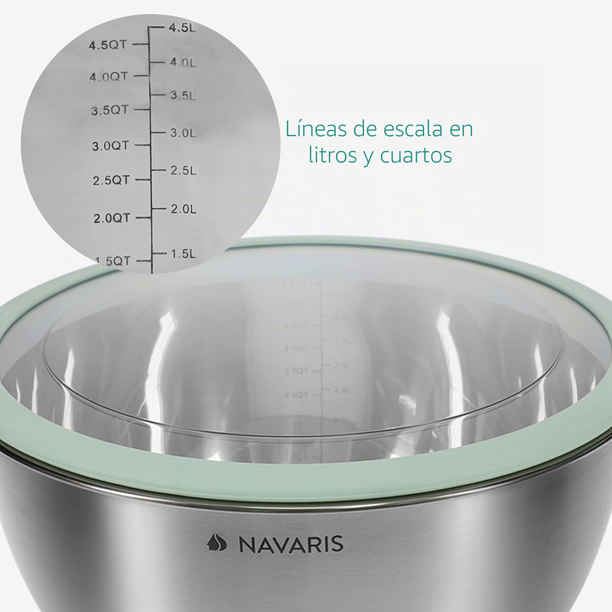 Navaris Set de 3 Cuencos de Acero Inoxidable - Juego de Boles con Tapas para Preparar Servir almacenar Comida y Ensalada - 3 tamaños - Verde Menta