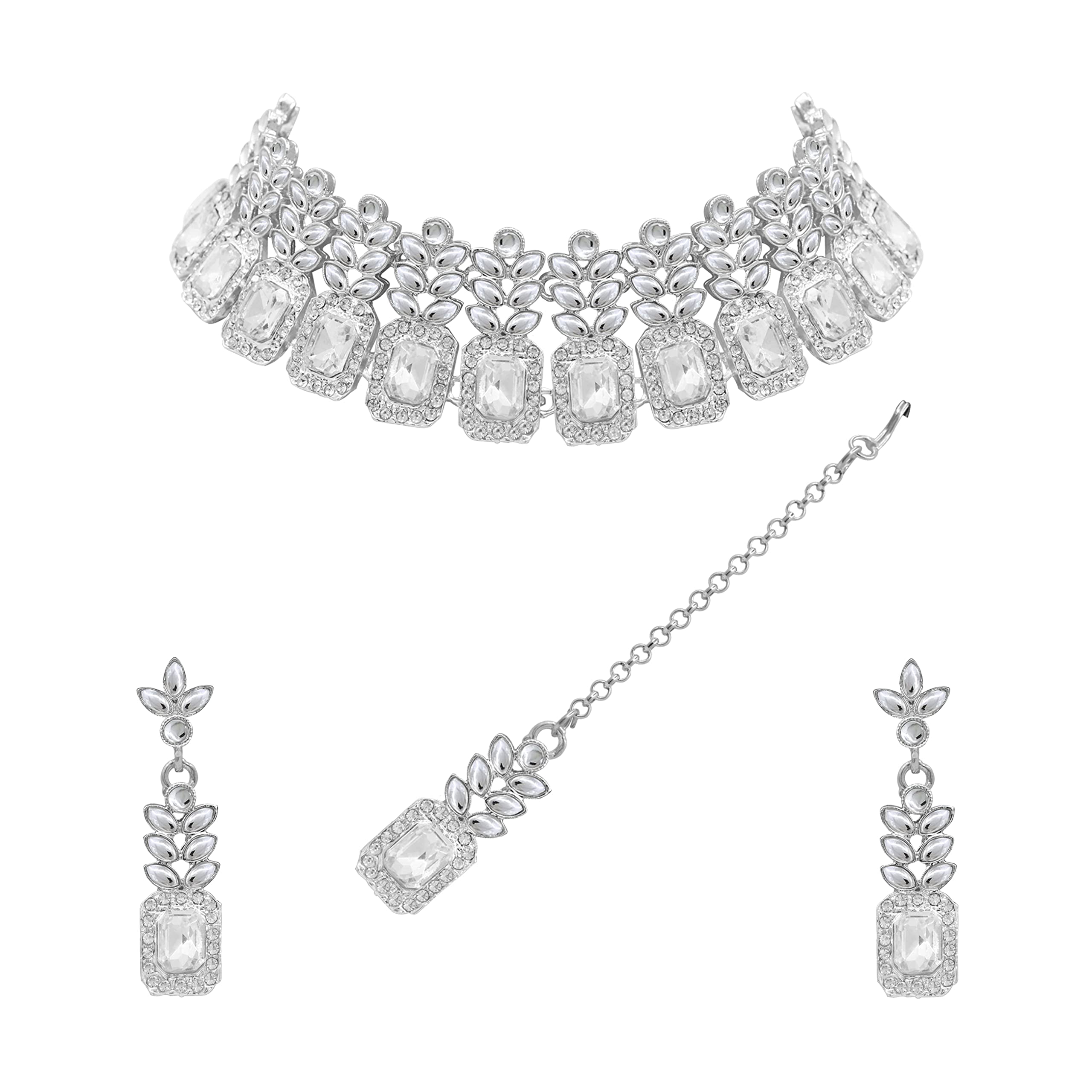 SAIYONI Valentine Day Special Square Shape Leafy Design Silver Plated Kundan Stone Choker Necklace Earring With Maangtikka Jewellery Set - Silver for women (B0BBH4WHL6) Amazon Price History, Amazon Price Tracker