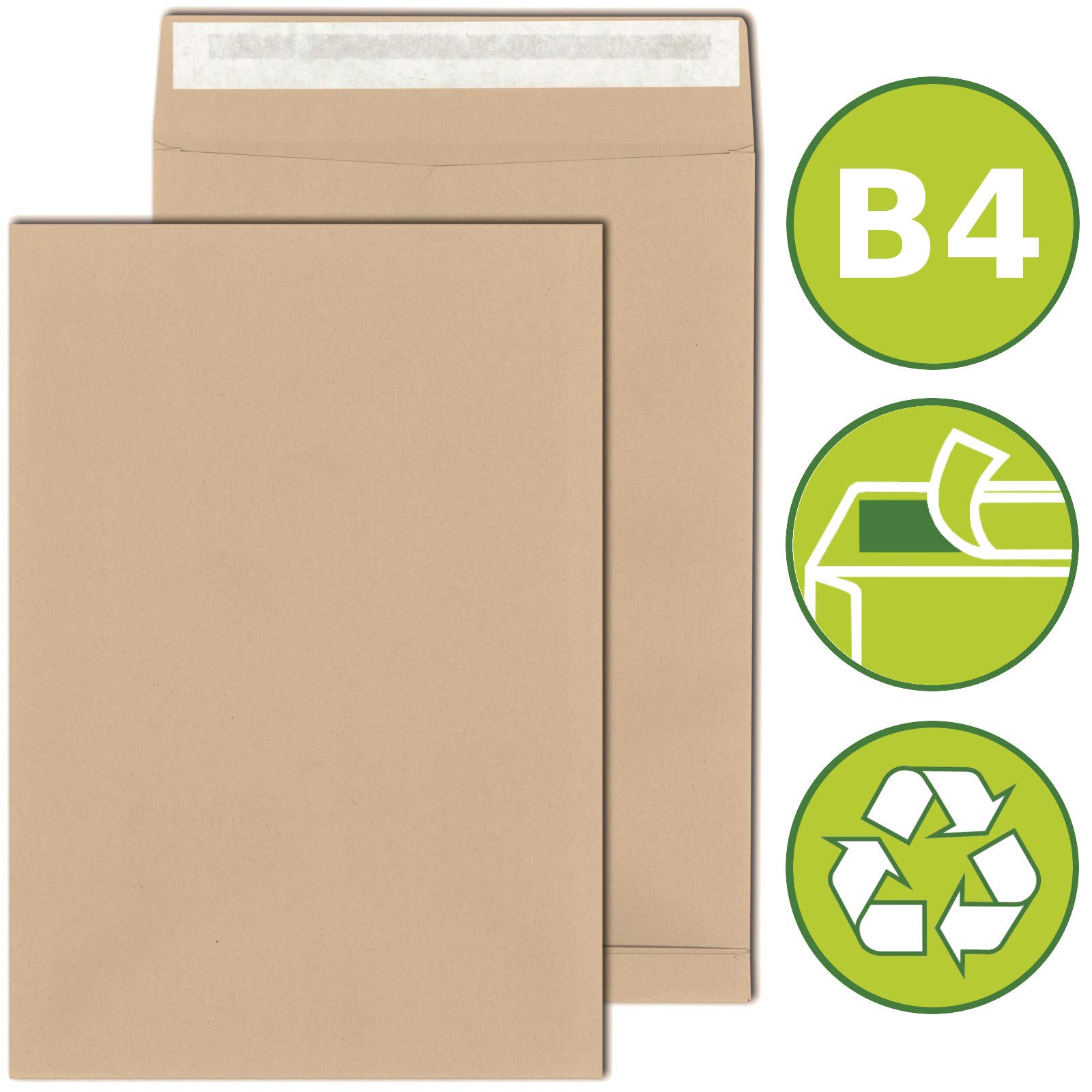 KK Verpackungen Faltentaschen B4 250x353x40mm | 500 Stück, Haftklebend 130g/m² Braun | Versandtaschen Mischnatron blickdicht | Maxibrief Warensendung Großbrief | Kuvert undurchsichtig