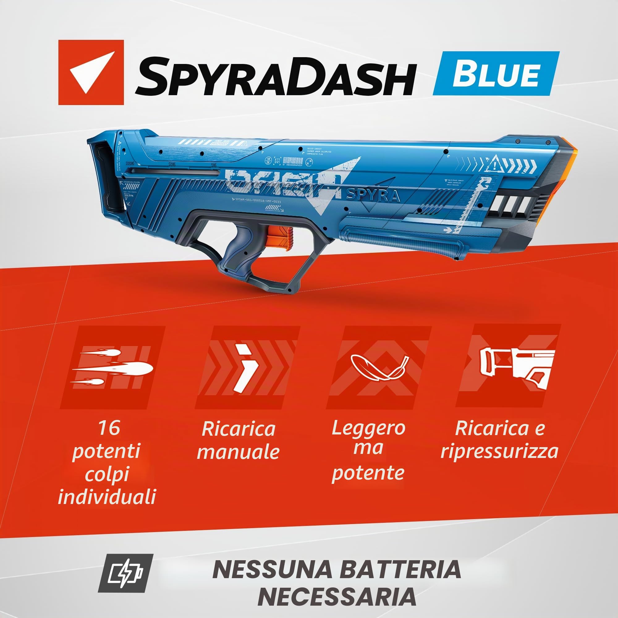 SPYRA SpyraDash - Pistola ad acqua per bambini, serbatoio da 700 ml, portata fino a 9 m, 16 colpi per serbatoio, dai 8 anni in su