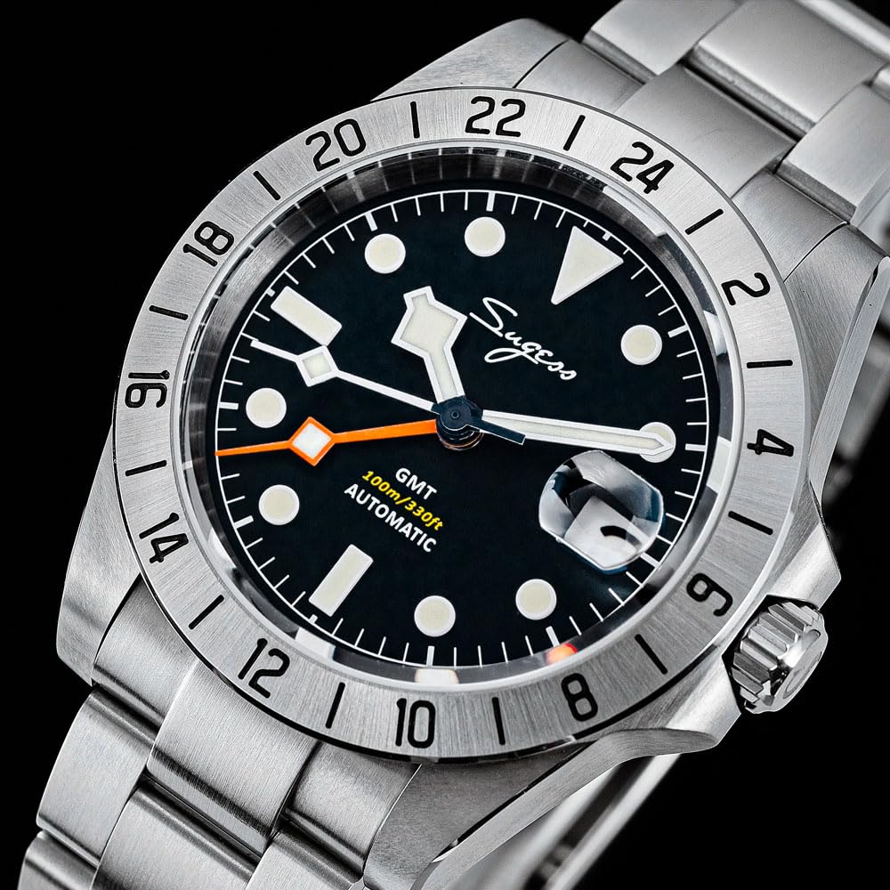 Seestern Sugess S463 GMT Automatikuhr aus schwarzem Stahl mit Datumsanzeige Saphir für Herren