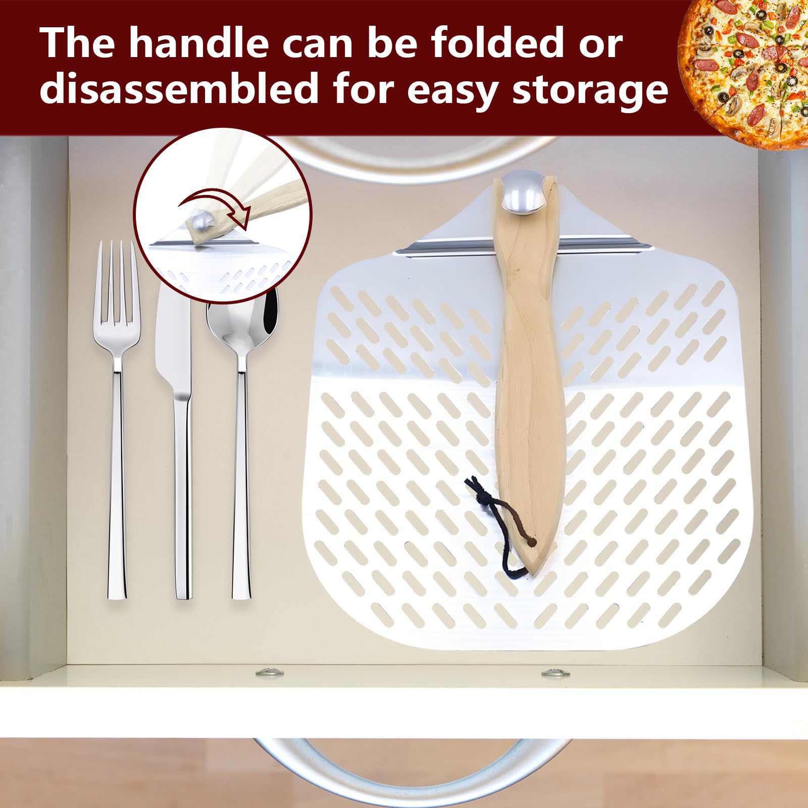 Pelle a Pizza, Pelle à Pizza Perforée en Aluminium, Pelle à Pizzaiolo en Acier Inoxydable avec Poignée Amovible, Pelle à Pizza Avec en Bois Pliable pour Cuisson de Pizzas, Pain