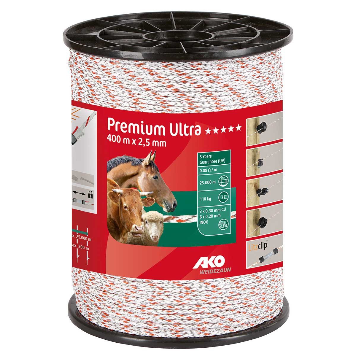 AKO Fencing Premium Ultra Litze,2,5mm,400m weiß/grün 6xniro 0,2+3xCU0,25