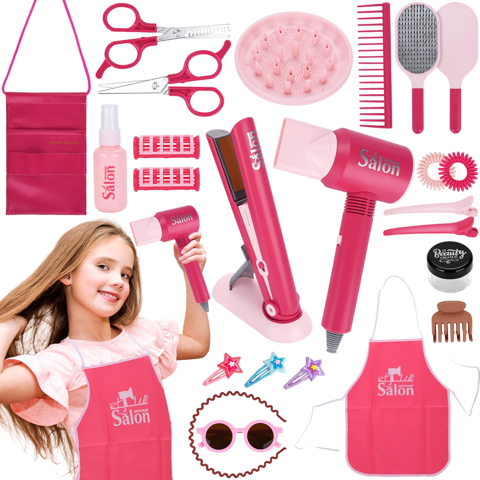 Friseur Set Kinder,Schminke Friseur Beauty Sets,25-teilig Schönheitssalon-Set Modespiel mit Haartrockner,Spiegel,Friseurkoffer Kinder Rollenspielset für Jungen und Mädchen ab 3 Jahren - Rose
