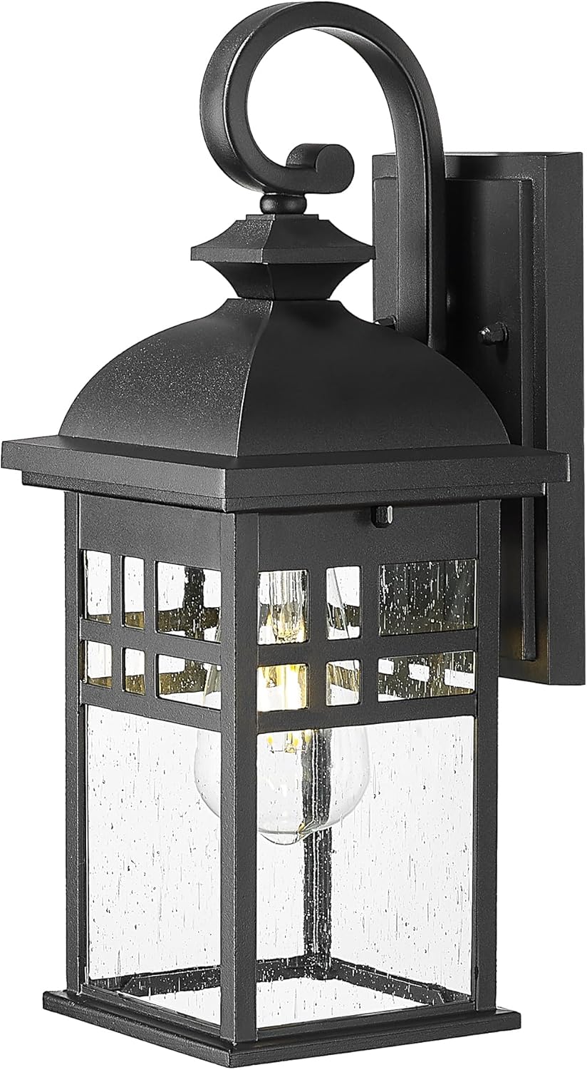 Emliviar 20" Farmhouse Outdoor Pendant Light, Large Outdoor Hanging Light for Porch Gazebo, Black Finish Aluminum with Seeded Glass Shade, DE279H-M BK