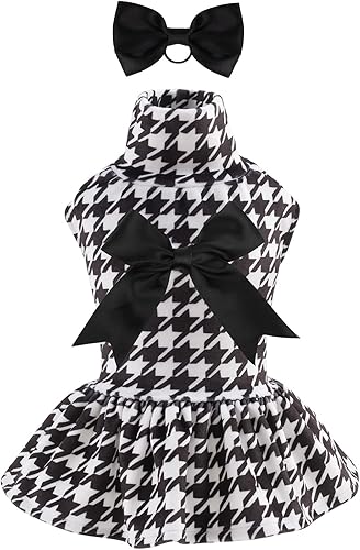 CuteBone - Vestido de pata de gallo para perro, de terciopelo, cuello alto, falda para cachorro, traje de mascota, ropa para gato con lazo para el