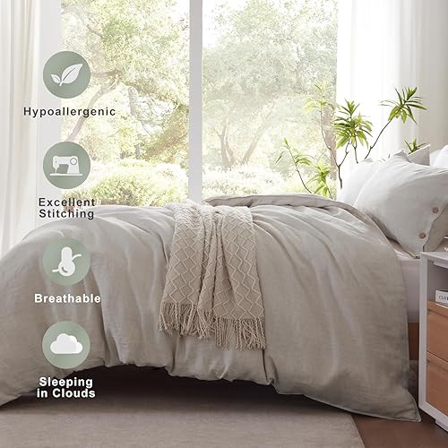 Miniatura 3 de TOSMO Juego de funda de edredón 100% lino con cierre de botón, 3 piezas (1 funda de edredón con 2 fundas de almohada), ropa de cama suave,