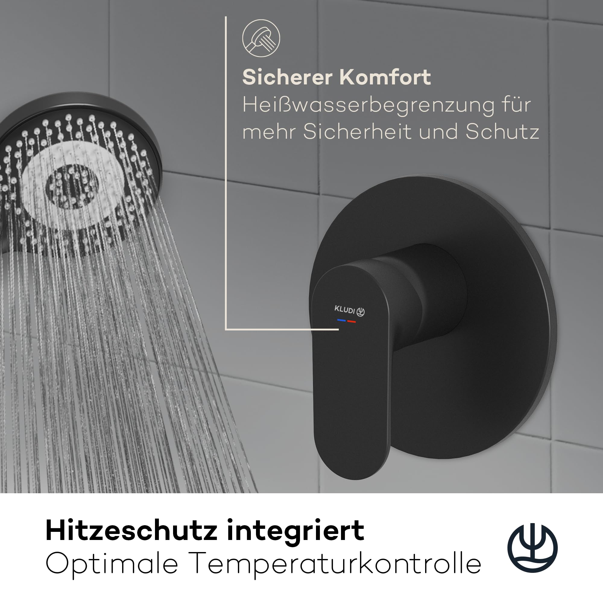 KLUDI -X1 podtynkowa armatura prysznicowa z ogranicznikiem ciepłej wody, bateria prysznicowa z wysokiej jakości ceramicznym wkładem do łazienki, czarna matowa, wymagane akcesoria KLUDI Slimbox (art.