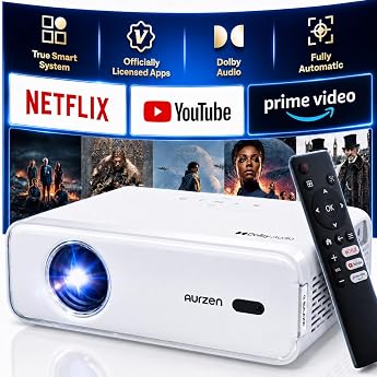 Aurzen Projector Home Use Compact 【2025 New Evolution&middot;Netfilix Compatible】Ceiling Projection 1080P 200ANSI Lumen Large Screen
