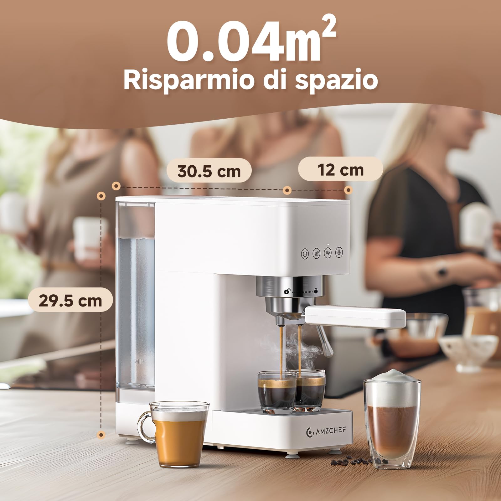 AMZCHEF Macchina da Caffè Espresso 20 bar, macchina caffe con montalatte professionale, piccola macchina per caffè espresso per cappuccino, latte e macchiato, serbatoio dell'acqua da 1,5L, bianco