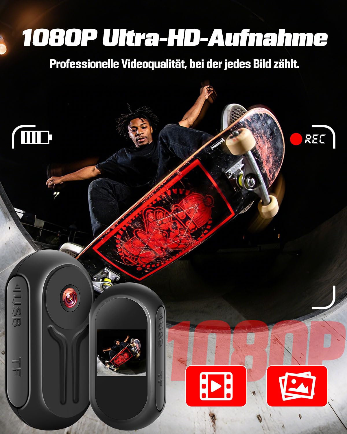 1080P Action Cam mit 0,85-Zoll-Display, BodyCam Körperkamera Mini Magnetisch mit 120° Weitwinkel, 360° Rückenclip, 120-Minuten-Batterie, Ski Kamera, Motorrad Kamera, Helmkamera