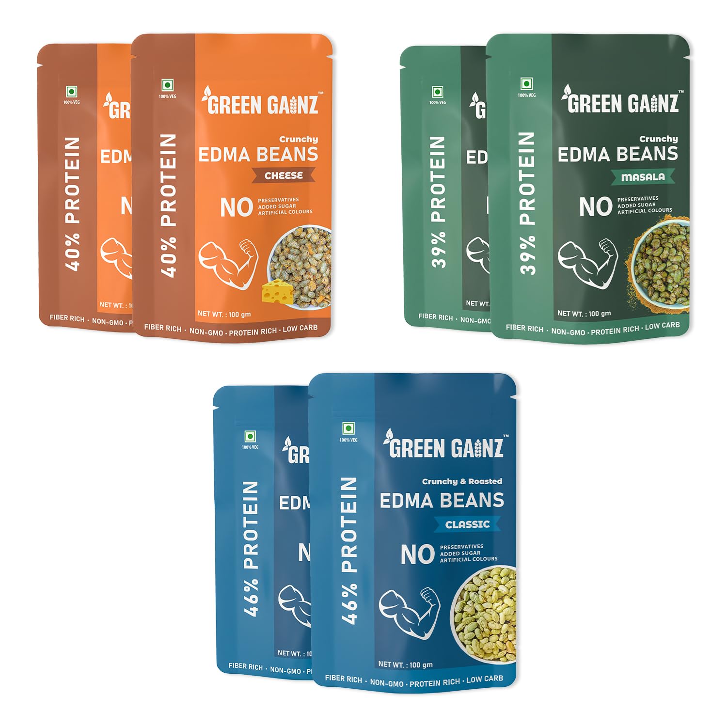 Green Gainz Roasted Edamame Assorted (Sea Salt, Masala,Cheese) (6 packs - 100gm Each) | 100% Veg High Protein Snack | No Added Sugar | Non-GMO | Rich in Fiber | No Gluten