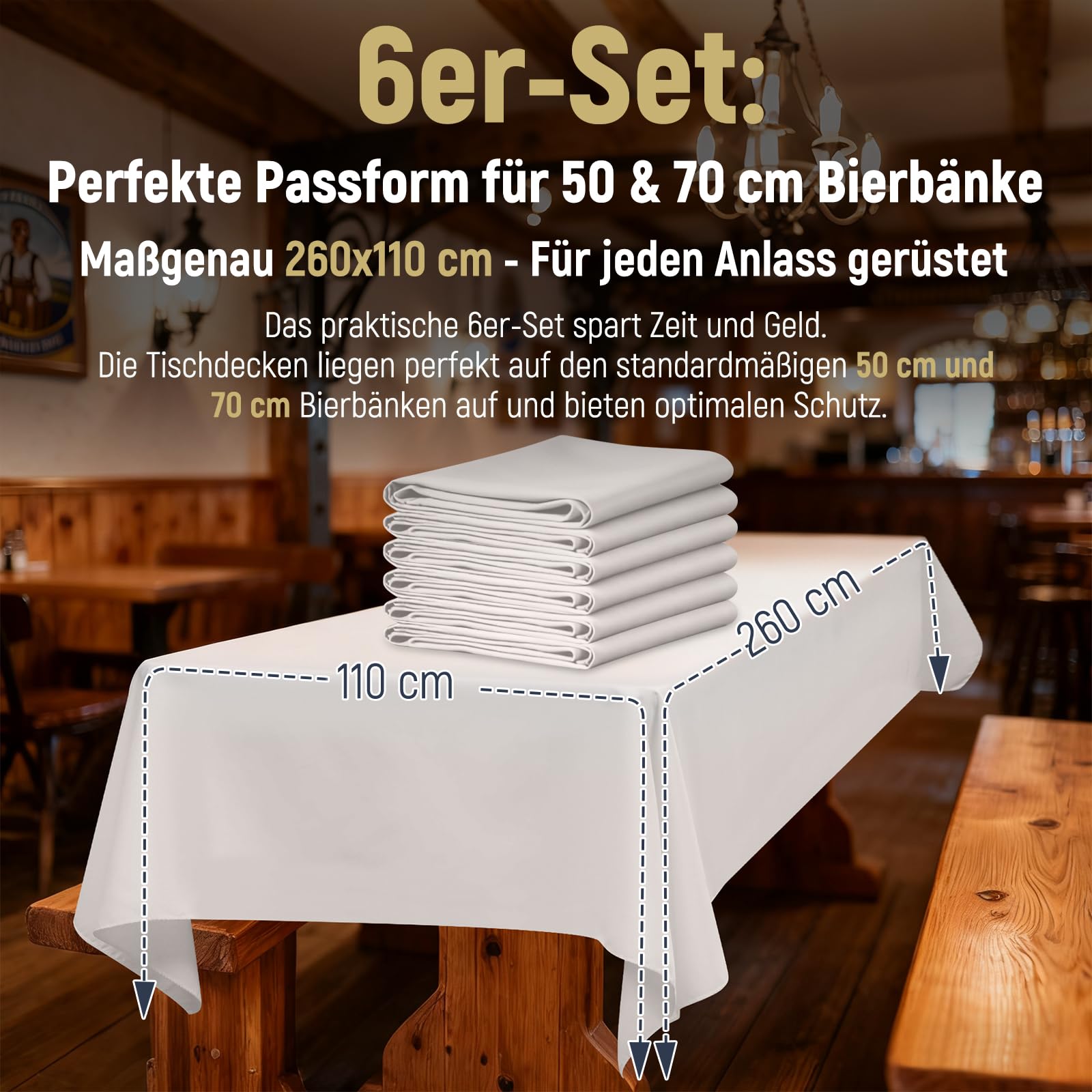 YMHPRIDE Paquete de 6 Manteles de Mesa Blanco Rectangular 110 x 260 cm, Mantel de Poliéster Antiarrugas y Lavable a Máquina, para Mesa de Cervecero/Mesa Plegable, Bodas, Fiestas y Banquetes
