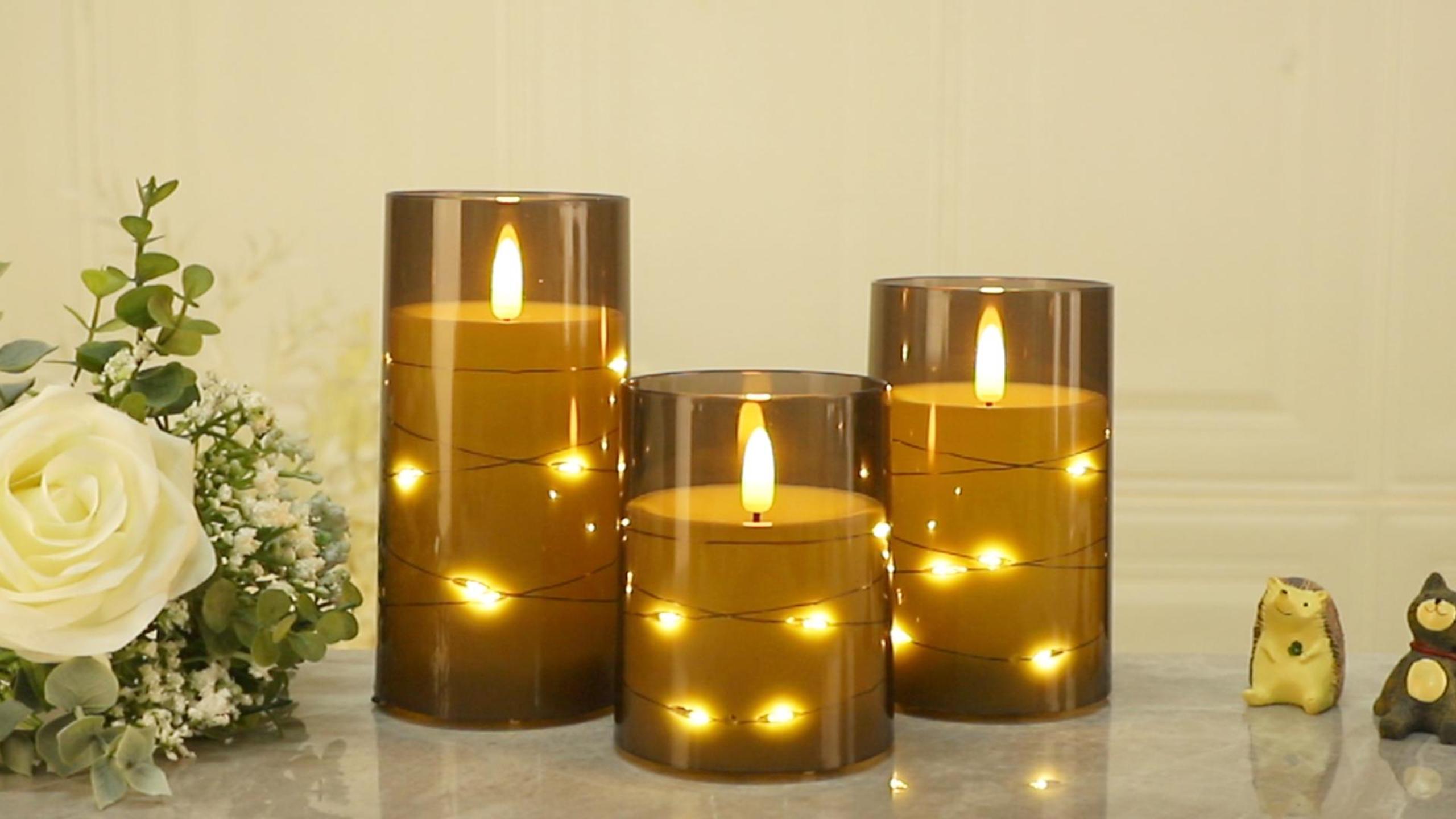 Image of Flickering Flameless Candles with Timer - Durable Acrylic Glass Shell, with Embedded Star String, Battery Operated Candles with Remote for Romantic Ambiance and Home Decoration (Set of 3, Grey)