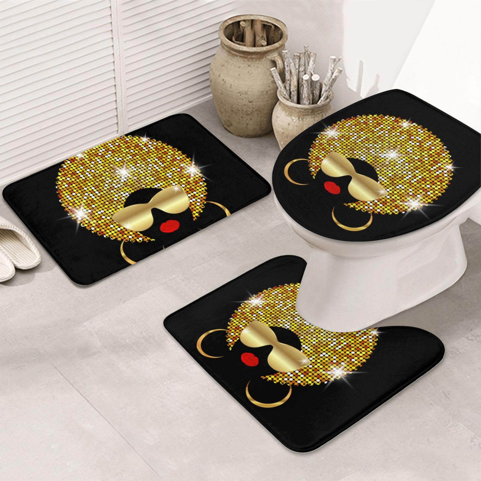 LAMAME Lot de 3 tapis de salle de bain doux et antidérapants Motif femme africaine