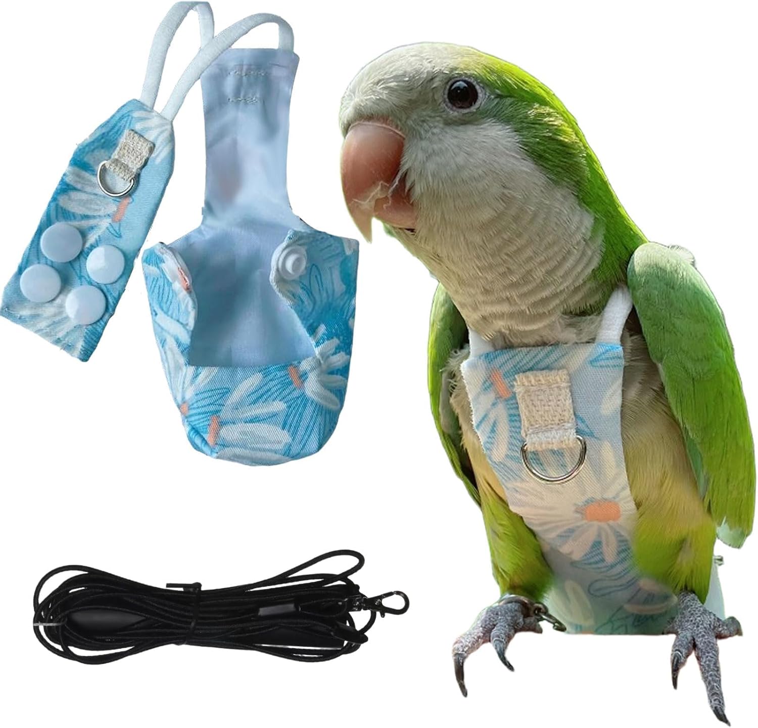 Snap-Closure Parrot Diapers with Adjustable Leash - Washable Bird Flight ， Chew-Resistant (Blue, L (Rainbow Suction/Golden Sun)+1 Meter Rope, Count, 1)