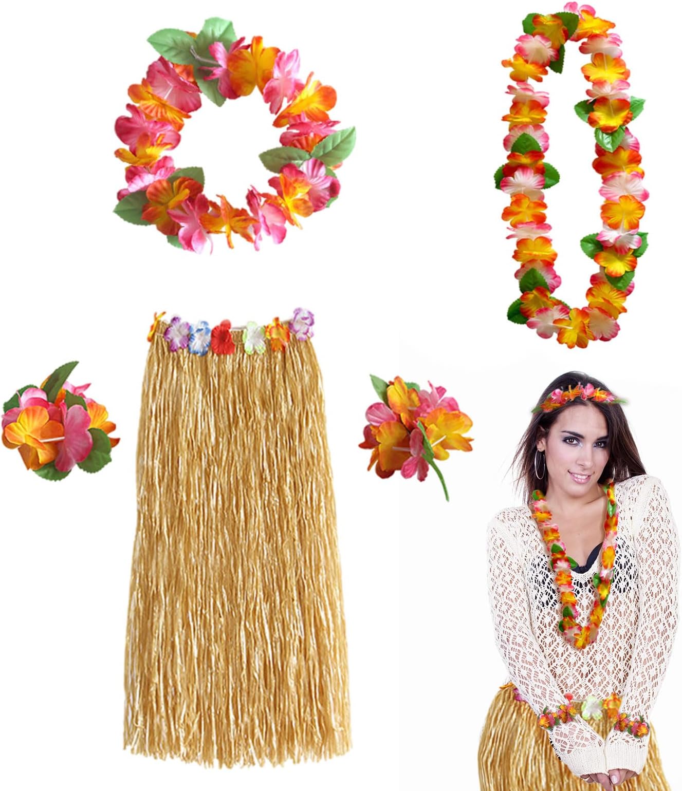 Hawaiian Hula Skirt Costume Set, Hula Grass Skirt with Hawaii Leis for Adults, Tropical Luau Party Supplies