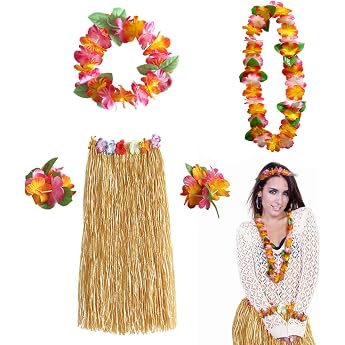 FUIPVGI Hawaiian Hula Skirt Costume Set Garlands Grass Skirt for Adults Party Fancy Dress Costume Leis for Tropical Luau Party Supplies