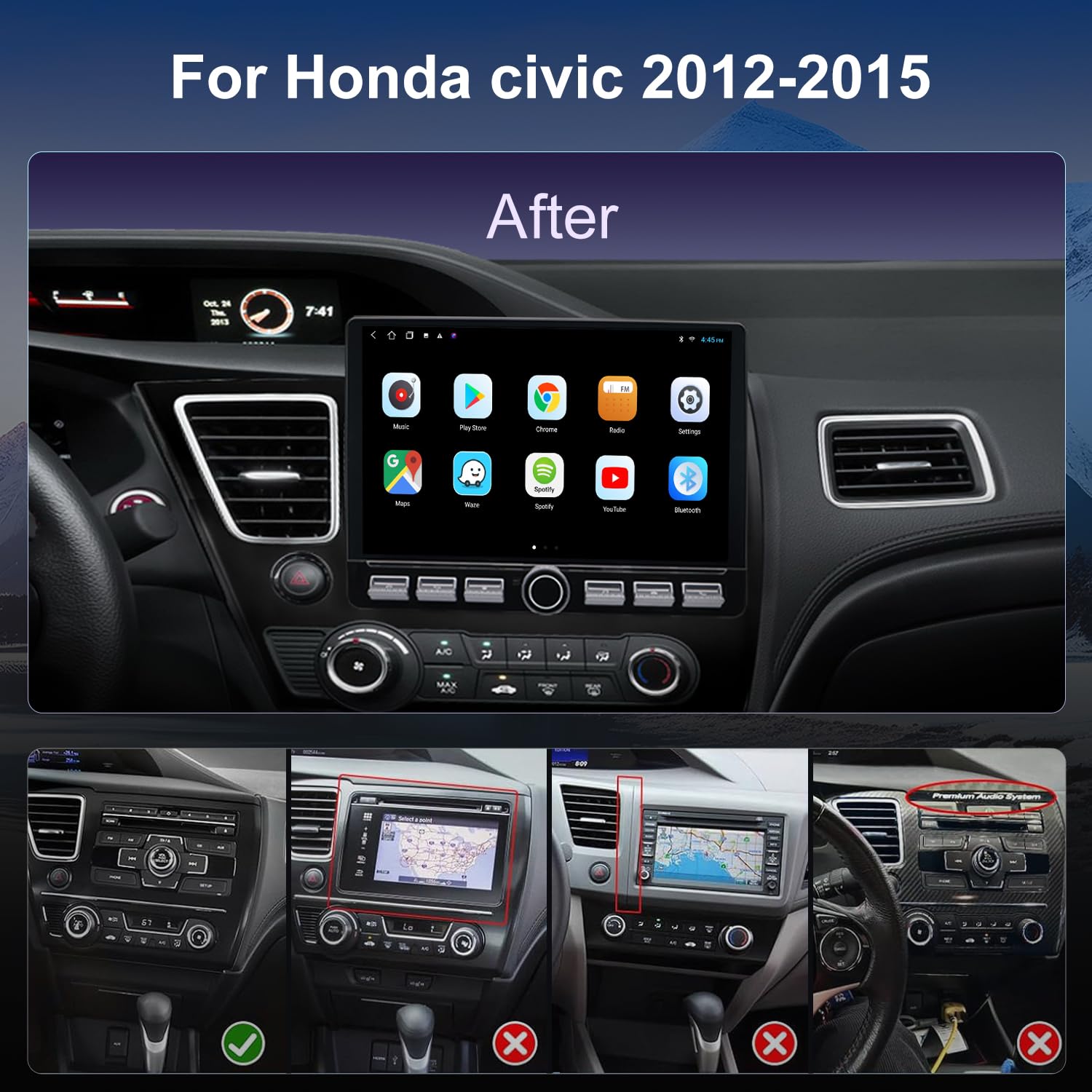 4G LTE QLED Radio for Honda Civic 2012 2013 2014 2015 Upgrade | 8-Core CPU Touch Screen Stereo | Wireless CarPlay & Android Auto | Free Camera