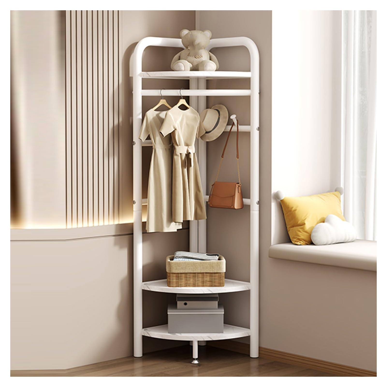 Porte-manteau d'angle blanc en métal avec support de rangement