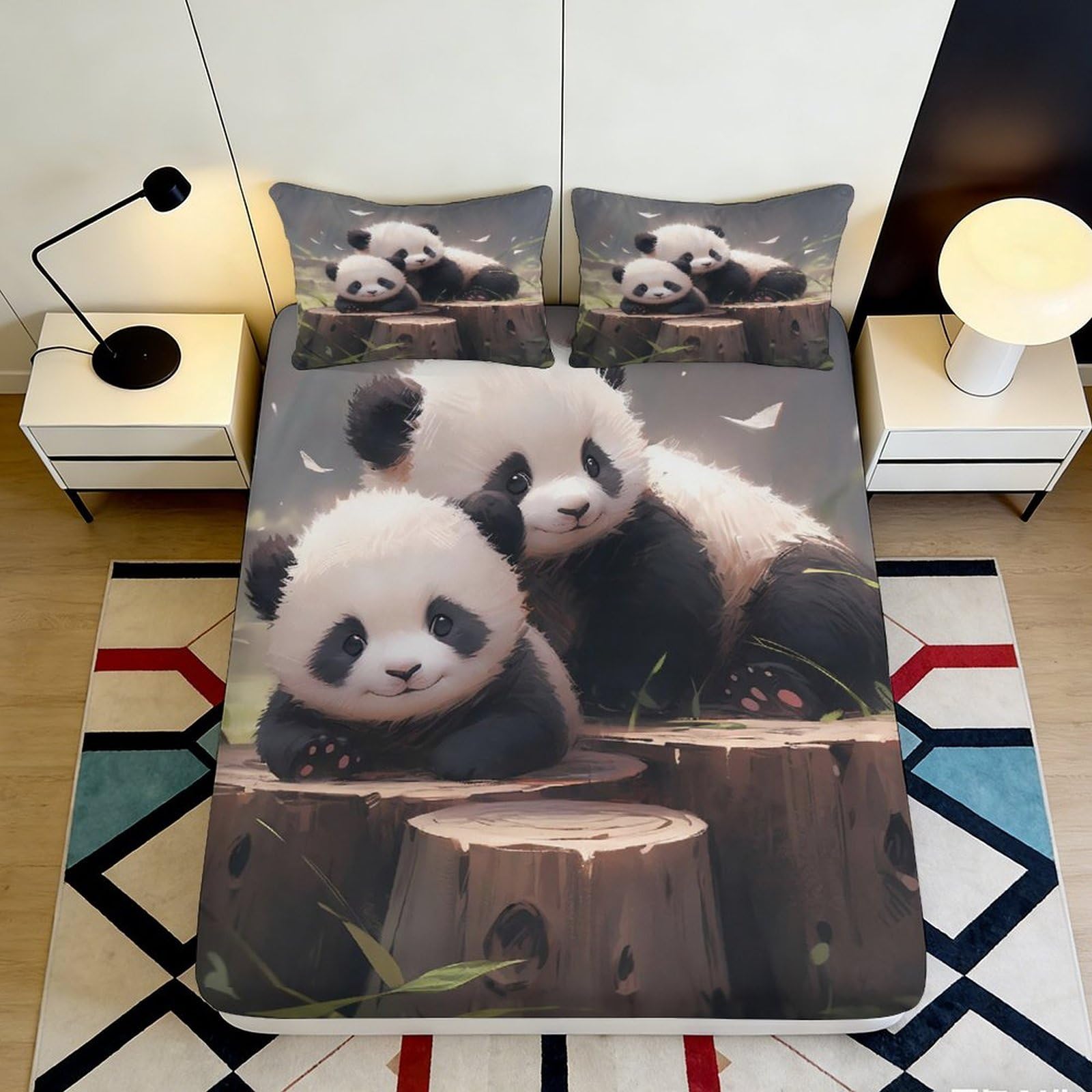 3D Printed Panda Forest Fitted Sheet Microfiber Soft Anti-Slip Animal Mattress Cover for Bedroom Guest Room Decor 90x200x25cm