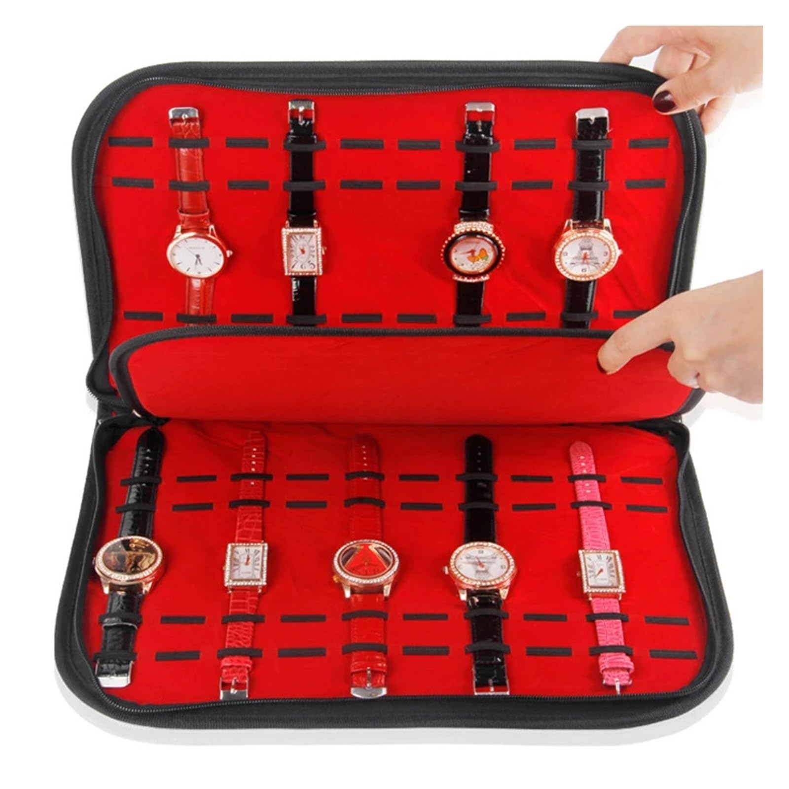 Multifunktionaler tragbarer Uhrenarmband-Organizer, Reiseetui for Uhren aus Leder und Flanell, Schwarz/Rot, tragbares Uhrenetui for die Reise zur Aufbewahrung von Uhren