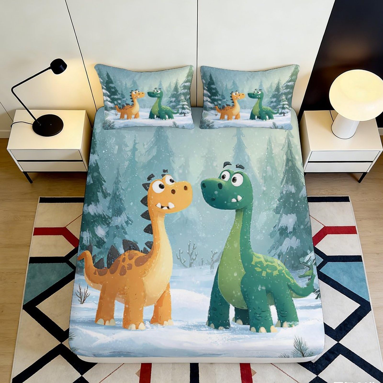 3D Printed Cartoon Dinosaur Forest Fitted Sheet Microfiber Anti-Slip Bed Cover for Bedroom Dorm Easy Care Decor 160x200x25cm