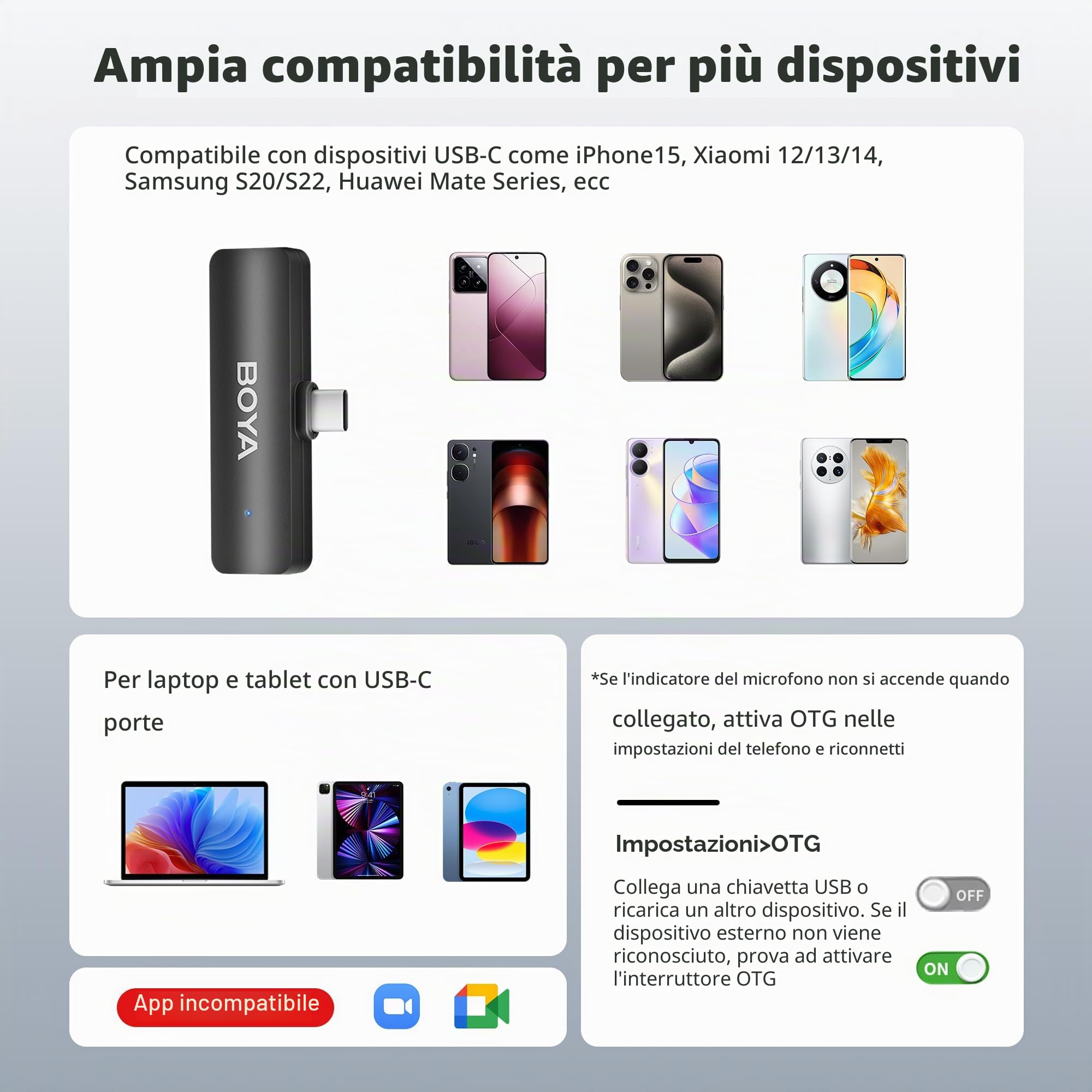 BOYA BY-V4U Microfono wireless per Android, microfono lavalier wireless, portata di 199,9 m, durata della batteria 18 ore con cancellazione del rumore, compatibile per registrazione video, podcast