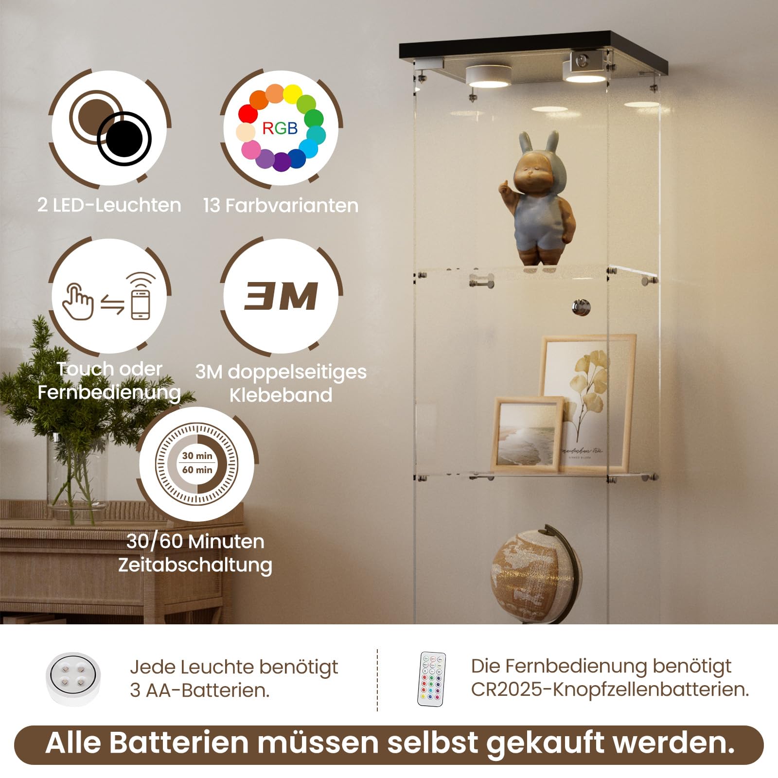 Glasvitrine Standvitrine mit LED in Schwarz, 164x42.5x36.5CM Modern Glas Vitrine Weißes Holzbrett mit 4 Böden aus ESG für Sammlerstücke Bücher Wein