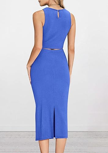 Miniatura 8 de PRETTYGARDEN Conjunto de 2 piezas de verano para mujer, cuello redondo, sin mangas, con abertura, falda midi