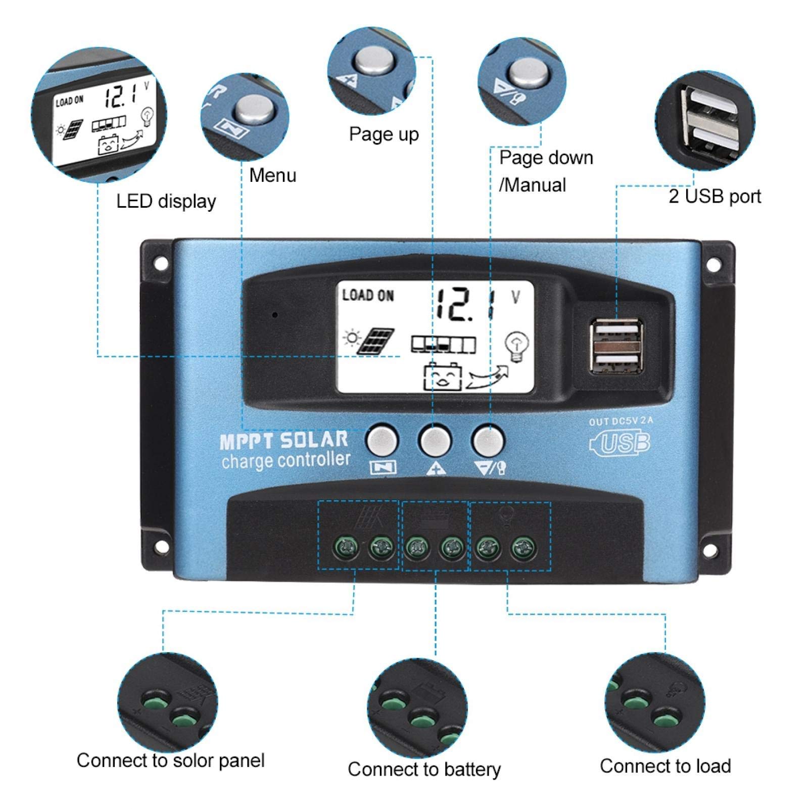 MPPT Solar Charge Controller 40A 50A 60A 100A Solar Panel Regulator Charge Battery Regulator Dual USB Port Negative Ground W/LCD Display 12V 24V (50A)