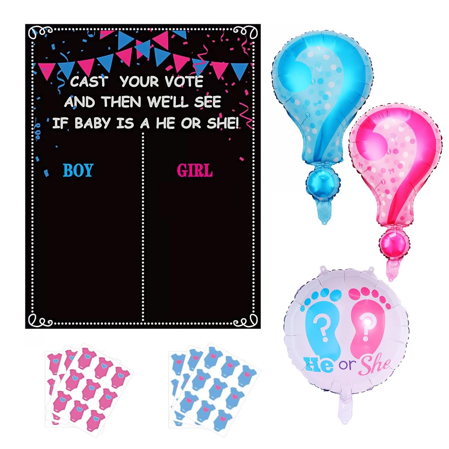 1 Set of Baby Gender Voting Board with 54 Gender Stickers, 3 Pieces of Gender Reveal Balloons, Gender Reveal Voting Board