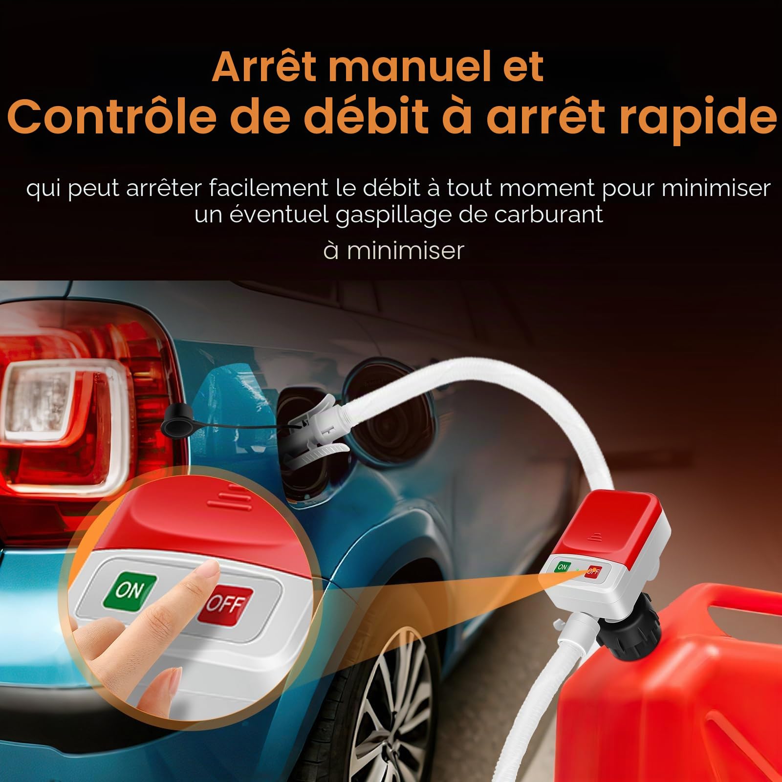 Pompe Carburant Électrique avec Stop Automatique - 2,4 GPM, 52" Pompe de Transfert Flexible Hose, Pompe de Transfert de Liquide avec Adaptateur 3 Tailles pour Huile,Essence, Diesel