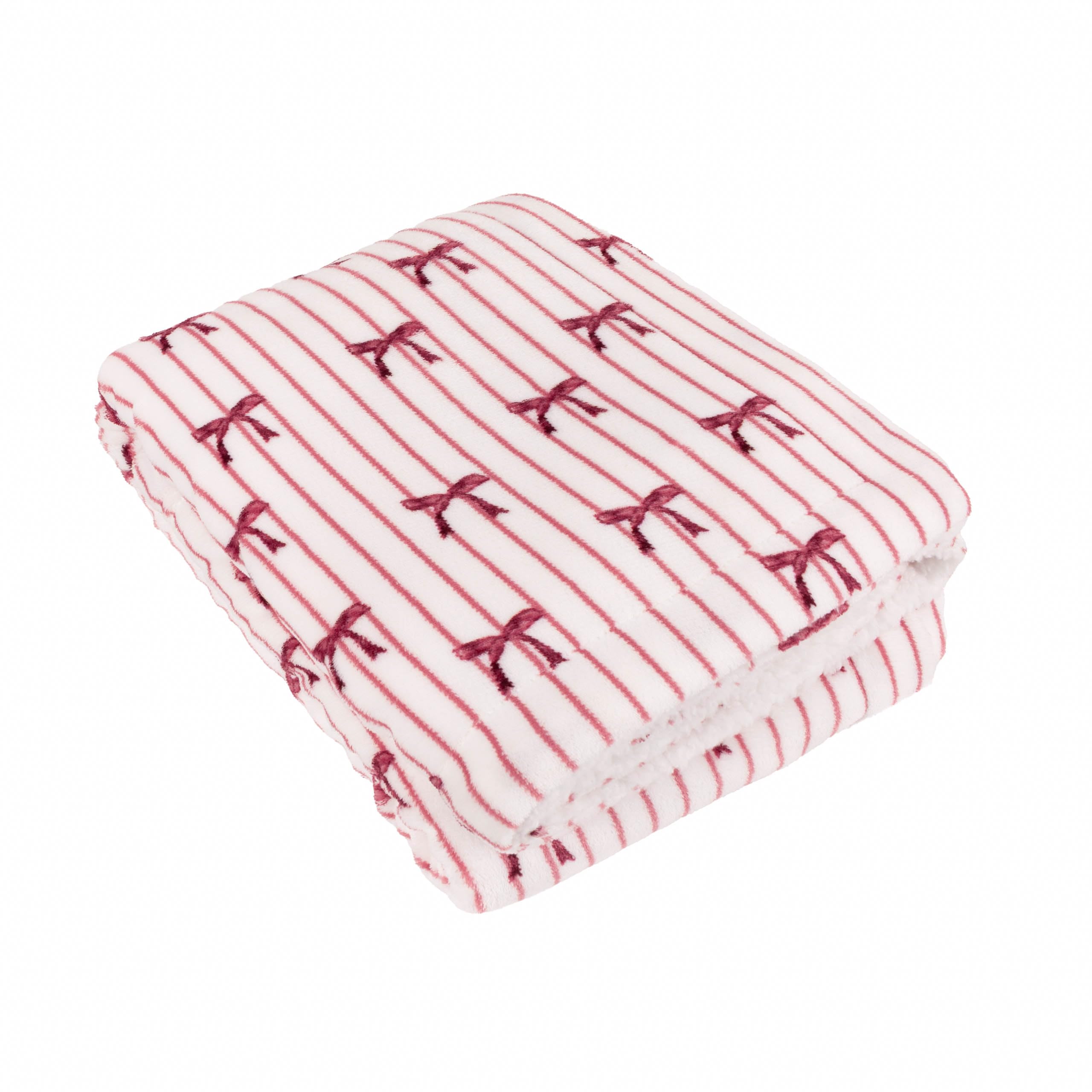 furn. Noortje Bows Throw – Striped Parisian Bow Soft Sherpa Fleece Blanket (Silk Pink - 130x180cm)