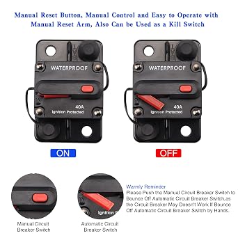 12V-48V DC 40A Circuit Breaker Waterproof Manual Resettable Inline Fuse Holder Inverter for Electric Boat Trolling Motors