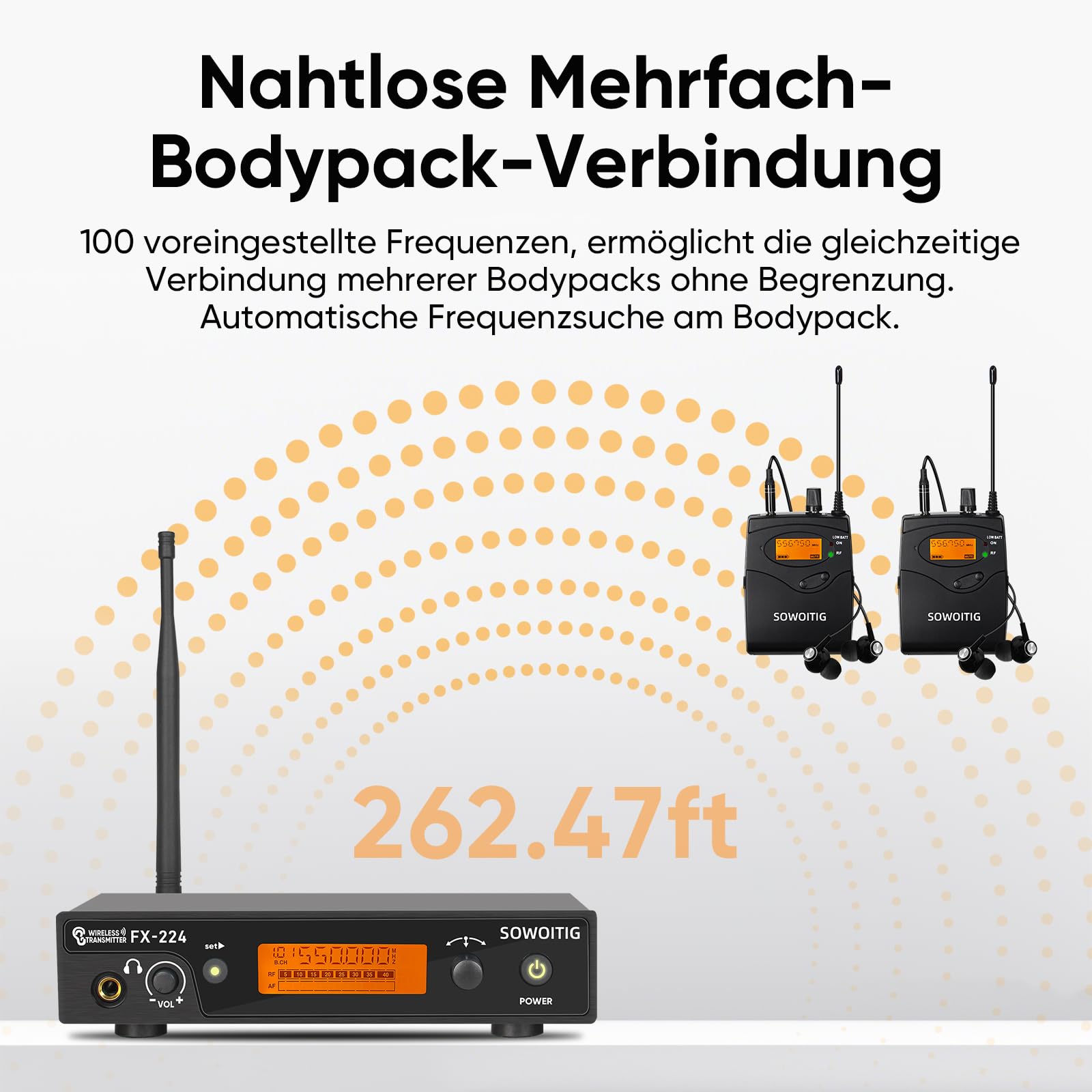 Système de surveillance intra-auriculaire sans fil – Système UHF-IEM professionnel (mono) avec émetteur en métal monté en rack, 2 récepteurs Bodypack avec écouteurs, 100 fréquences, portée de