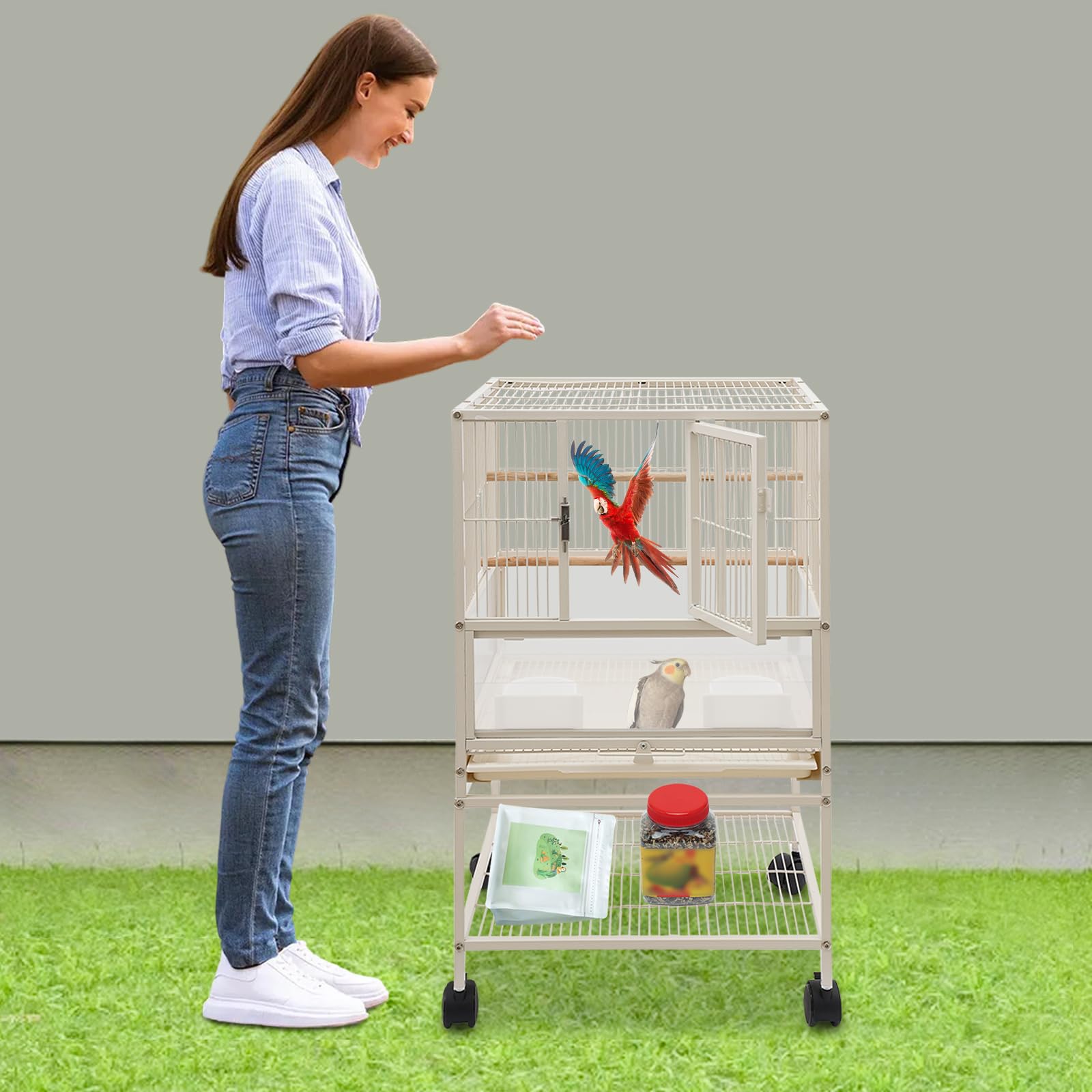 Jaula para pájaros grande con 2 puertas, con listones de madera y 4 ruedas, bandeja de suciedad integrada 48,5 x 46 x 83 cm