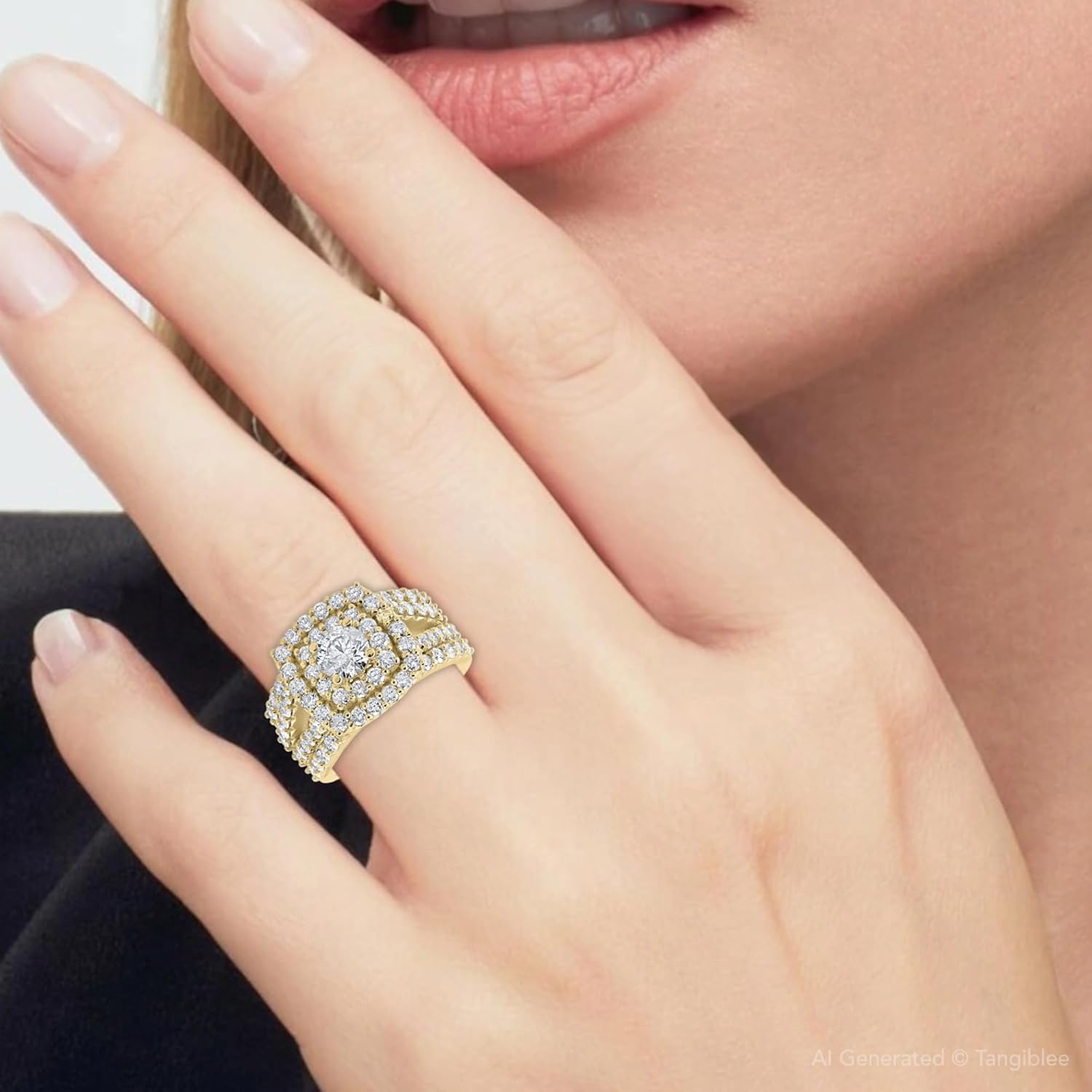 Pompeii 3ct Diamond Engagement Wedding Double Cushion Halo Trio Ring Set 10k Yellow Gold