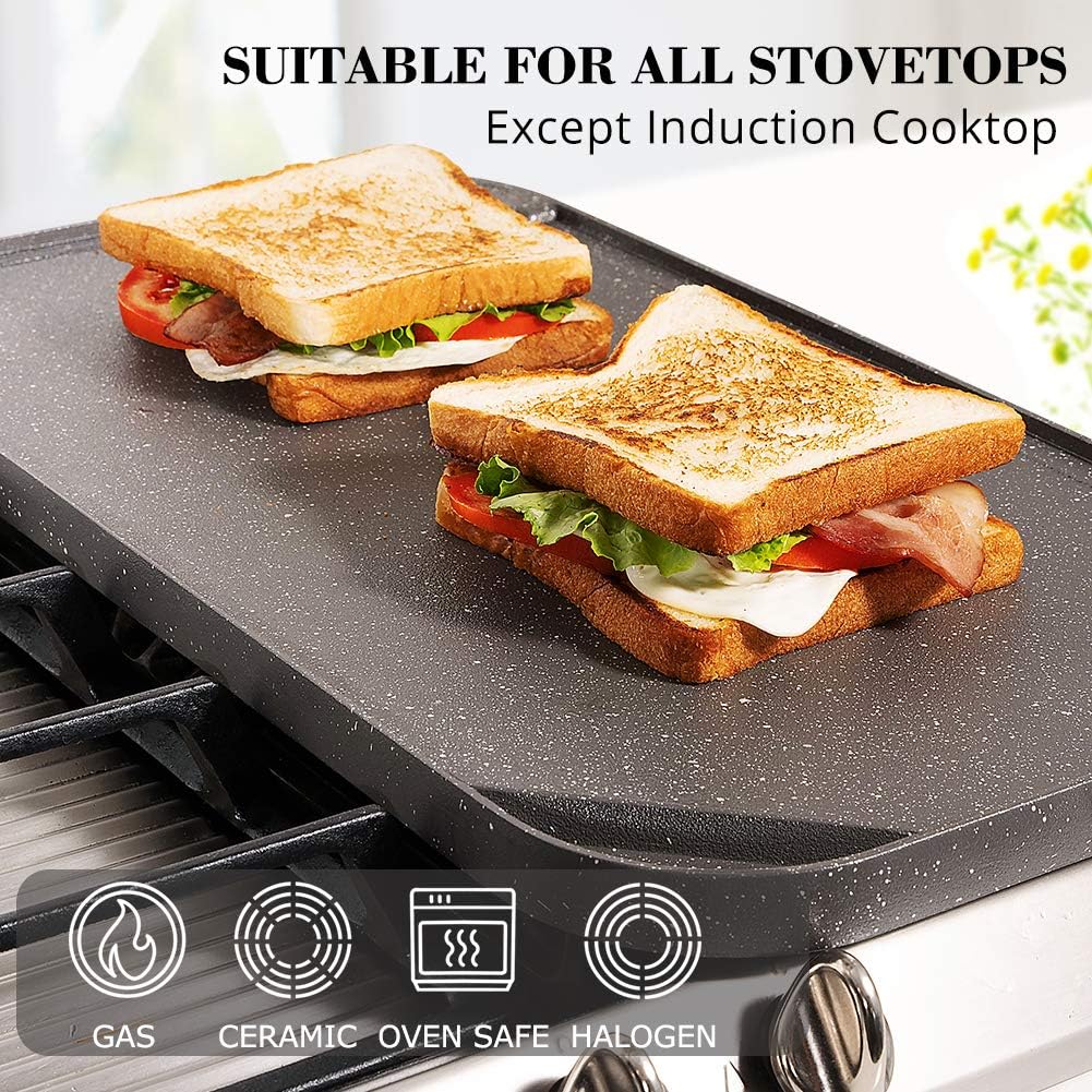 Sensarte Nonstick Griddle Grill Pan, Reversible Grill & Griddle Pan, Two Burner Cast Aluminum Griddle, Portable for Indoor Stovetop or Outdoor Camping BBQ, 19.5" x 10.7" (Grey): Home & Kitchen