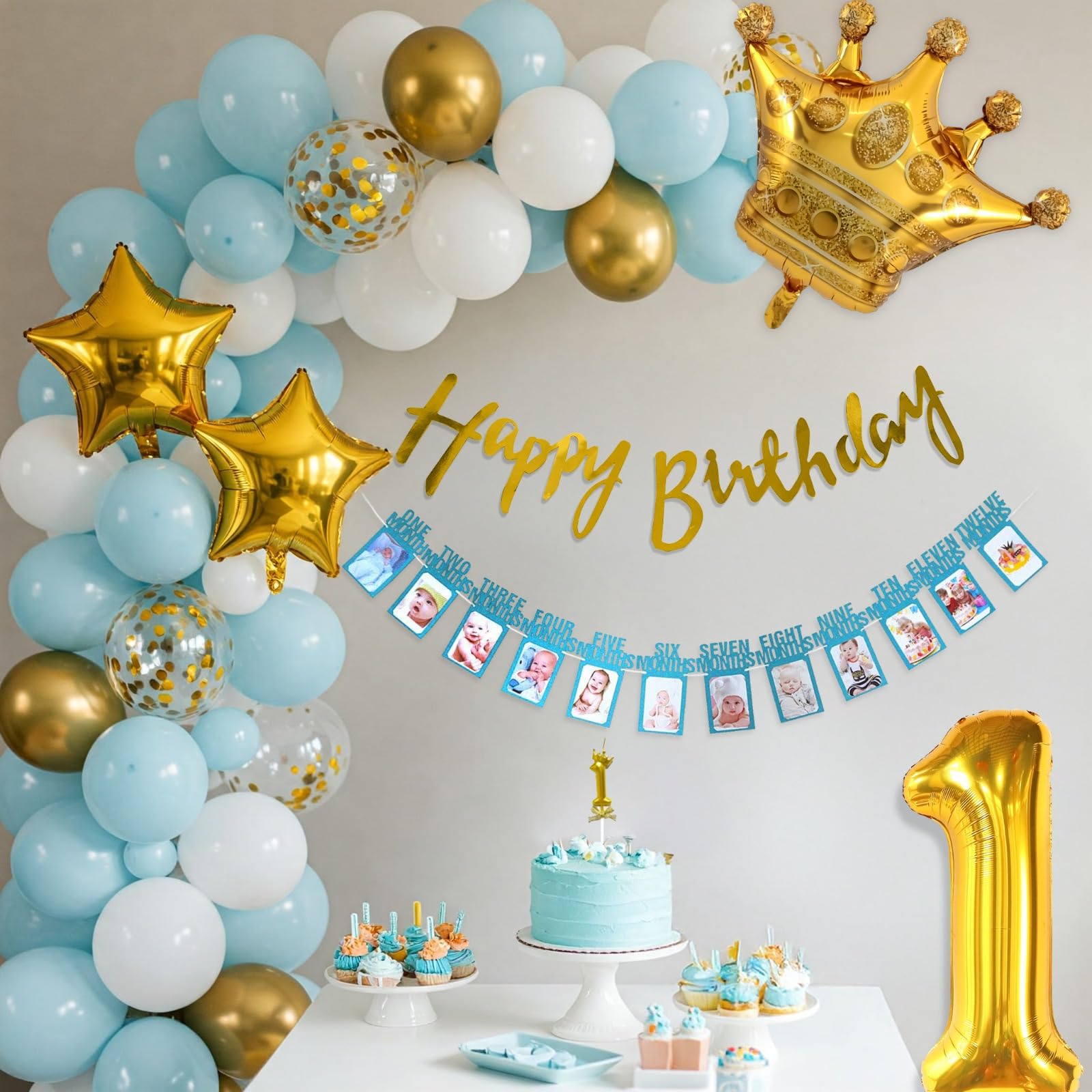 SpecialYou.in 1st Birthday Decoration for Baby Boy with Gold, Blue & White Balloons for Decoration, Crown, Star Foil Balloon, First Birthday Decoration for Baby Boy - 61 Pcs-picture-13