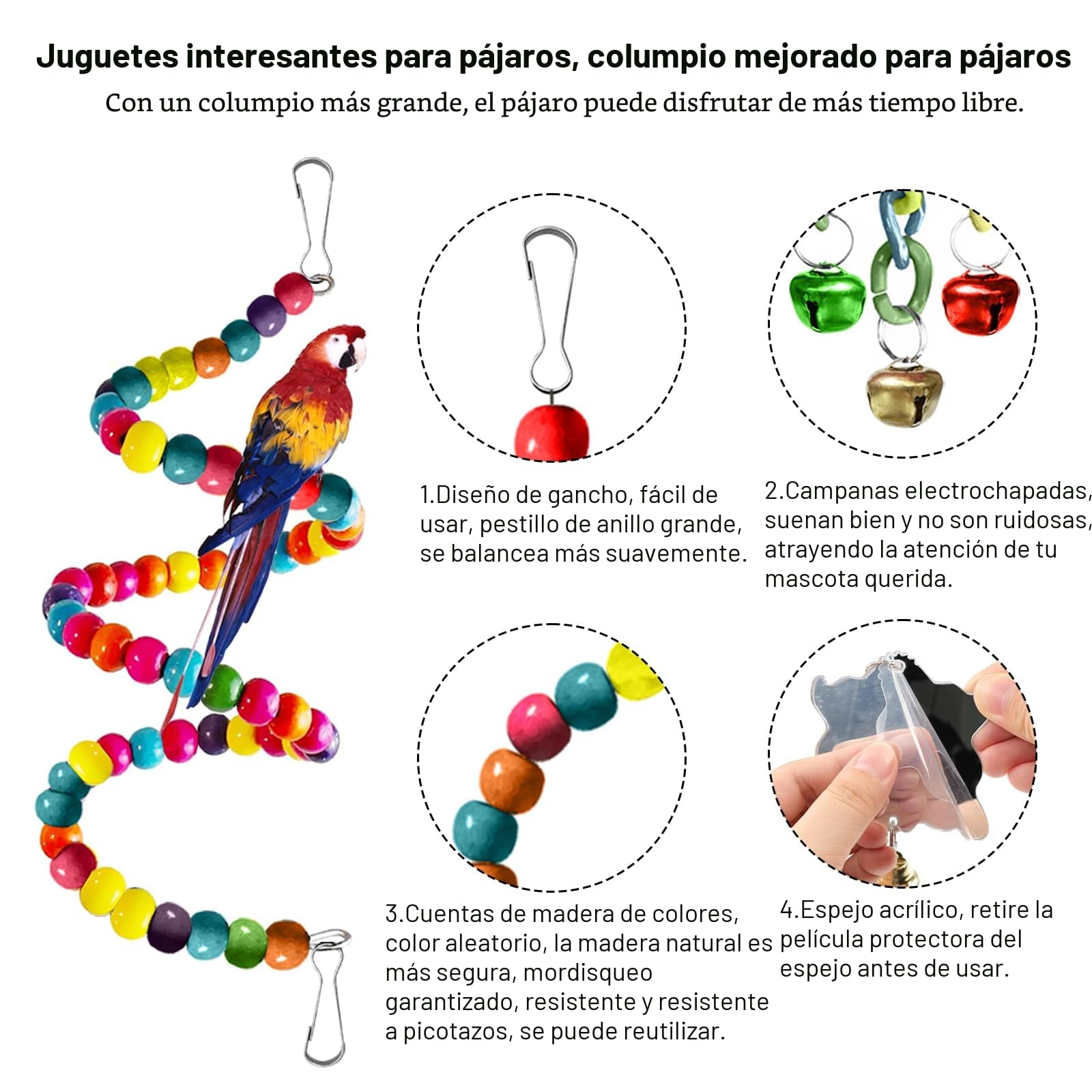 Juguetes para Pájaros, Juguetes de Loro Pájaro, Juguetes Agapornis, Accesorios para Jaula de Pájaros, con Campanas, Columpios, Juguete de Masticación, para Pequeños y Medianos Loros de Aves