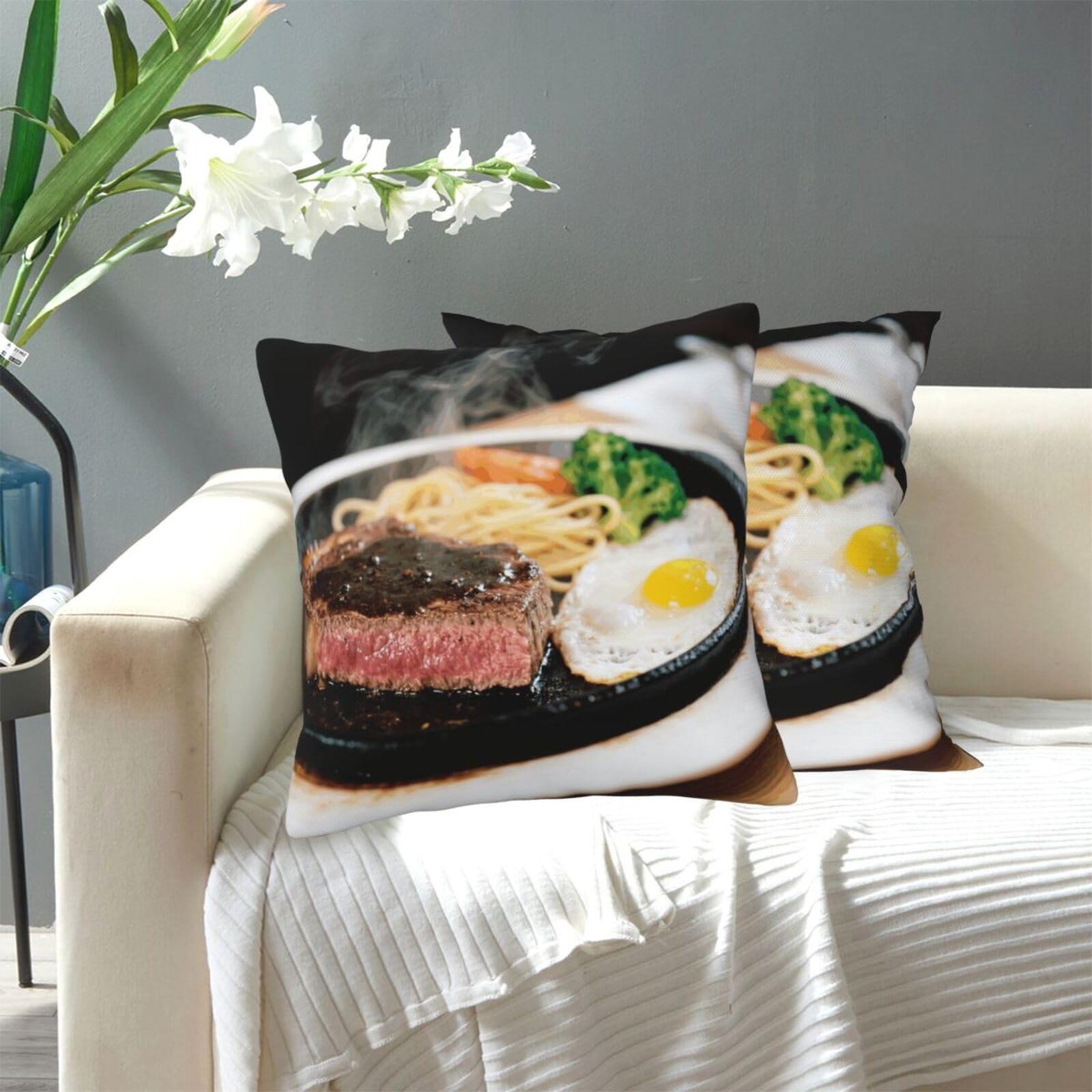 FekiLoot Decorative Throw Pillow Covers Modern Farmhouse Pillowcase Double Sided Cozy Cushion Cover for Sofa Couch Bed 20"X20" Steak Fast Food