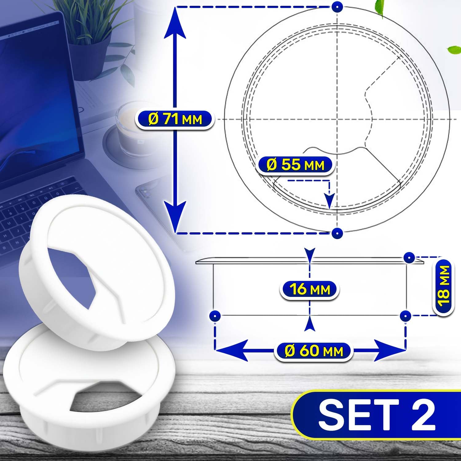 2 Pieces Desk Cable Grommet diameter 60/71 mm H 18 mm - Cable Grommet White Color - MONTERAL, 60mm x 18mm - Image 2