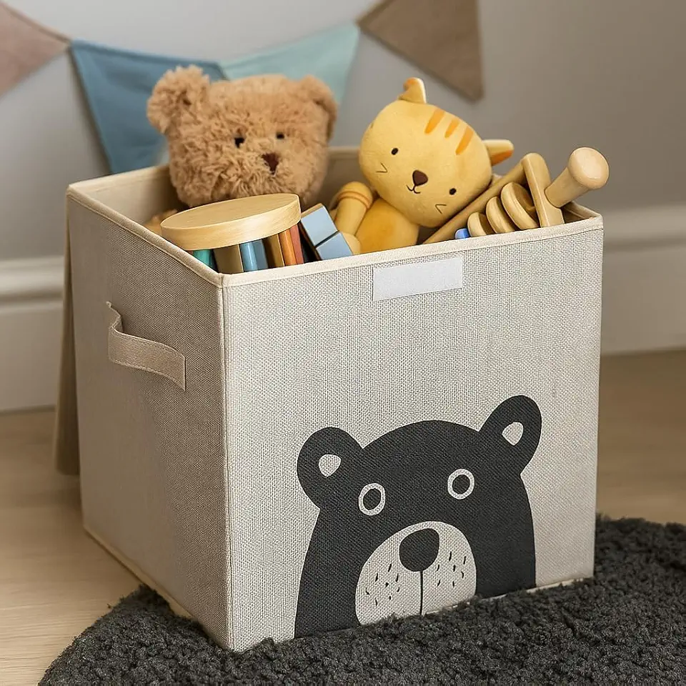 Caixa Organizadora Infantil Brinquedos Linho Tampa Baú Animal Box Oky's (URSÃO)