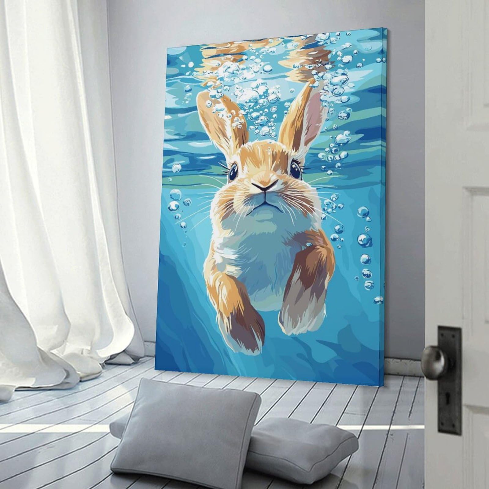 Junmoney Frame-Style-8 Wall Picture Print Rabbit Underwater With Bubbles Illustration, 08X12inch(20X30cm), For Entrance Walls, Hall Decor Or Foyers, Home Artwork For First Impressions