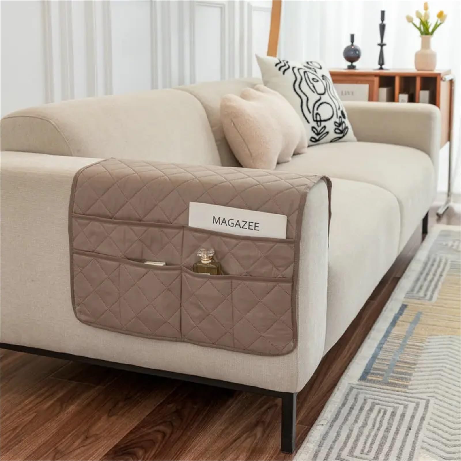 Sillón Caddy for sofá, Soporte de Control Remoto, reposabrazos reclinable, Organizador Antideslizante con Bolsillo Almacenamiento for Revista y Tableta para Sofá(Coffee)