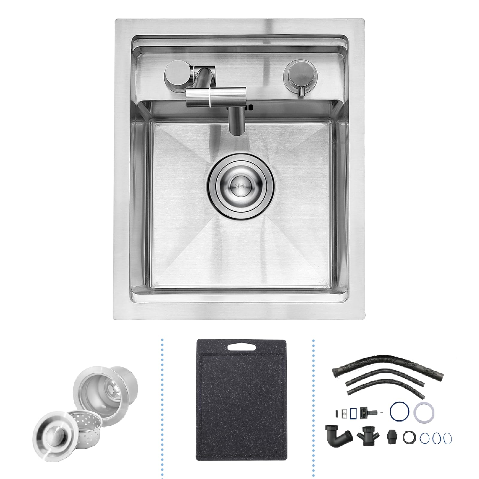 35 x 45 CM Hidden Concealed Kitchen Bar Sink with Folding Faucet, Hidden Stainless Steel Undermount Campervan Sink with Chopping Board, Workstation Bar Single Bowl for Small Kitchen Prep RV, Silver